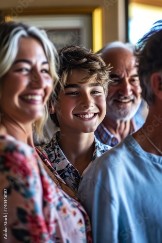 Portrait of happy family standing together in a restaurant and having fun