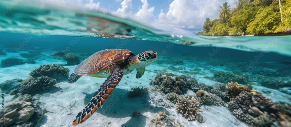 A turtle gracefully swims over a vibrant coral reef in the clear tropical ocean, showcasing the beauty of wild marine life in their natural habitat.