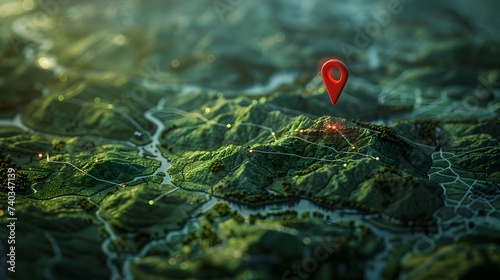 A red location pin highlights a destination on a three-dimensional topographic map with illuminated paths.
