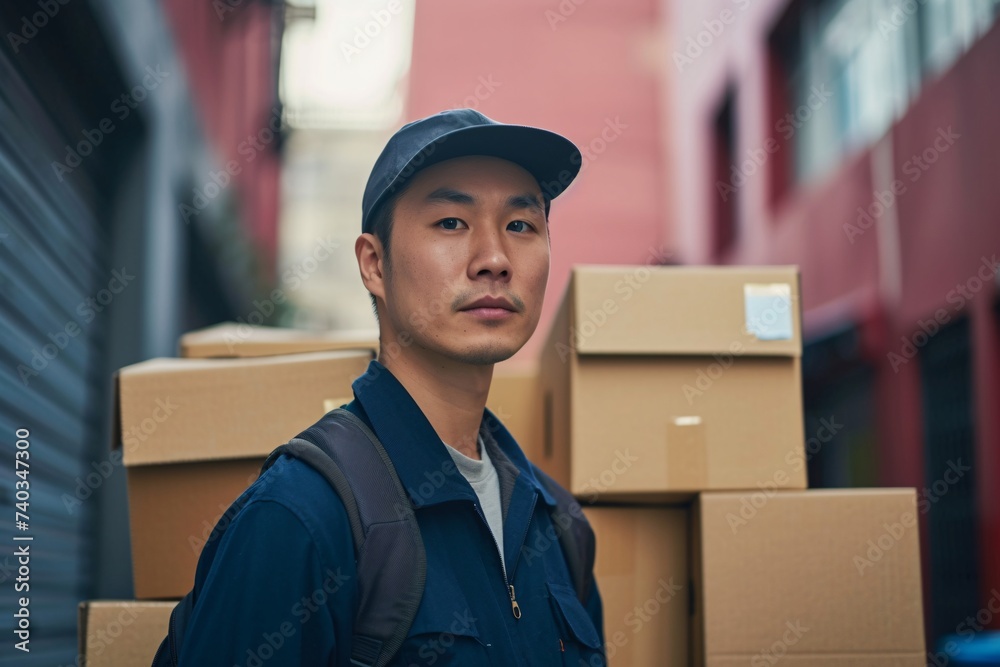 Jeune livreur asiatique devant des colis » IA générative Jeune livreur asiatique devant des colis » IA générative