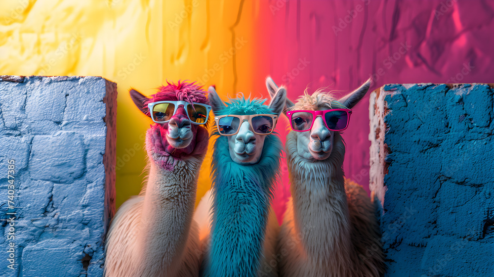 Cool vibes emanate as a stylish llama, wearing colorful sunglasses, strikes a relaxed pose in a photo studio illuminated by dynamic blue and pink lights, resulting in a captivating headshot profile