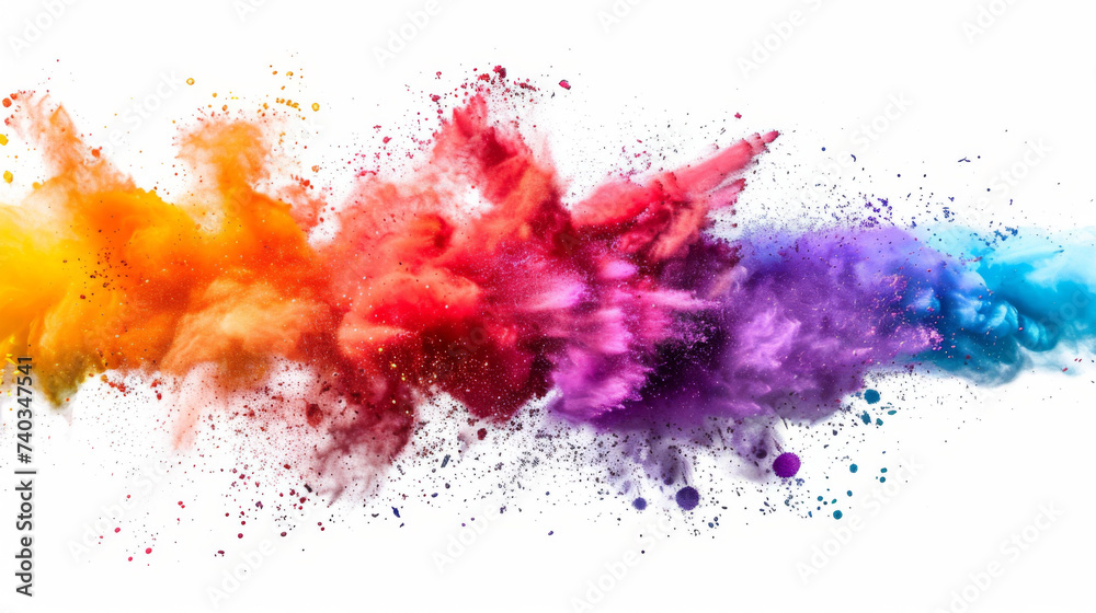 Gradient rainbow multicolored powder paint explosion, isolated on white background.