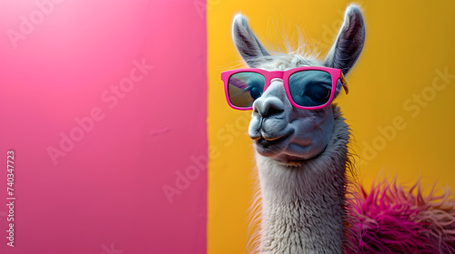 A nonchalant llama, adorned with trendy sunglasses, effortlessly poses in a photo studio bathed in the dynamic glow of blue and pink lights, setting a chill and vibrant tone for a captivating headshot photo