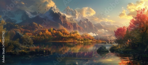 A mesmerizing painting capturing the breathtaking scenery of a mountain lake encircled by trees.