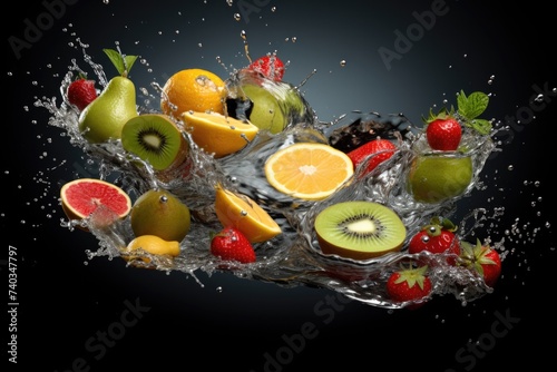 fruit in water splash. Fresh fruits. Splash. Natural Fruits. Cocktails of fruits.