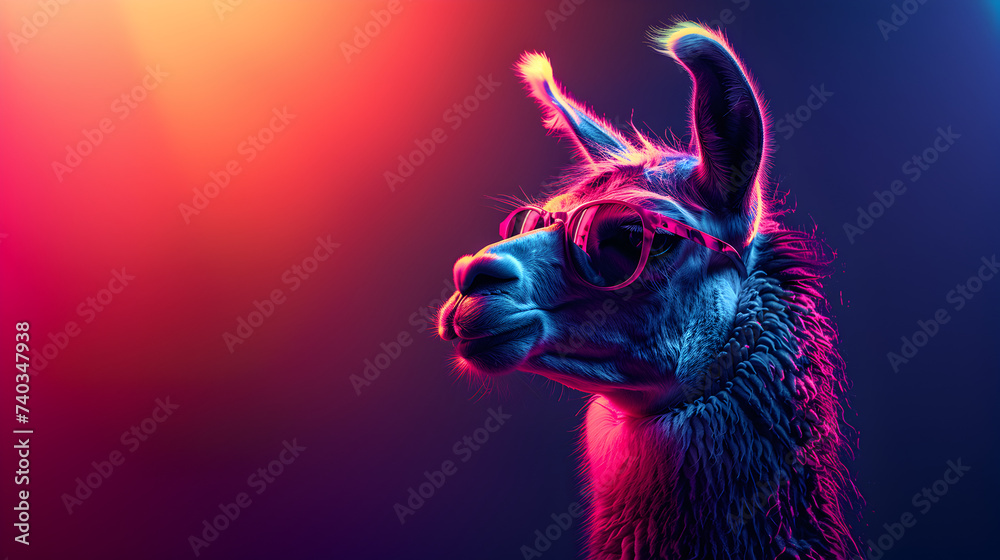 Fototapeta premium A nonchalant llama, adorned with trendy sunglasses, effortlessly poses in a photo studio bathed in the dynamic glow of blue and pink lights, setting a chill and vibrant tone for a captivating headshot