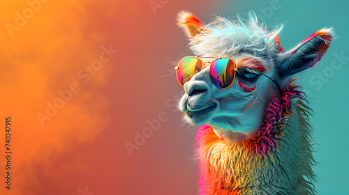 A nonchalant llama, adorned with trendy sunglasses, effortlessly poses in a photo studio bathed in the dynamic glow of blue and pink lights, setting a chill and vibrant tone for a captivating headshot