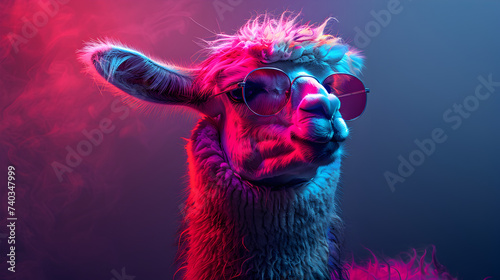 A nonchalant llama, adorned with trendy sunglasses, effortlessly poses in a photo studio bathed in the dynamic glow of blue and pink lights, setting a chill and vibrant tone for a captivating headshot