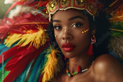 Afro-American Woman Wearing Colorful Feathered Headdress. Generative AI