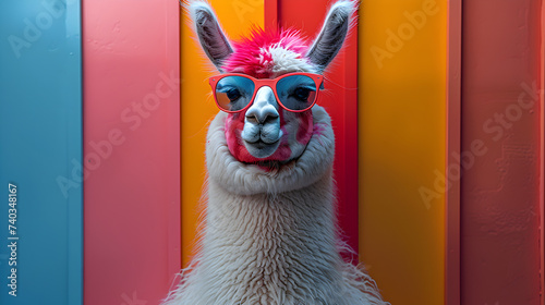 A nonchalant llama, adorned with trendy sunglasses, effortlessly poses in a photo studio bathed in the dynamic glow of blue and pink lights, setting a chill and vibrant tone for a captivating headshot © Marc
