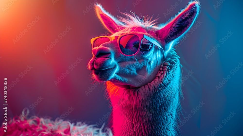 Fototapeta premium Cool and relaxed Lama with colorful sunglasses in a photo studio light, good vibes chill, vibrant color lights, blue and pink illuminate, head shot profile photo