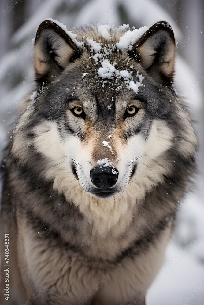 Primal Majesty: A Captivating Close-Up Portrait of a Lone Grey Wolf Amidst Snowy Wilderness