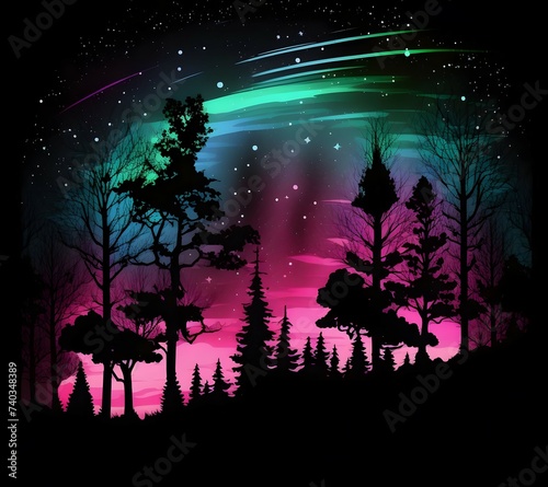 neon wateroclour of northern lights in the sky, above a forest or a black background. silhouette of the forest beneath the bright neon lights