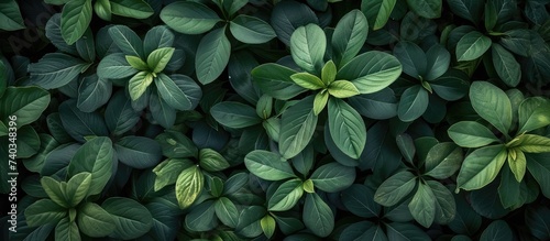 This close-up photo captures the captivating pattern of fresh green leaves adorning a cluster of plants.