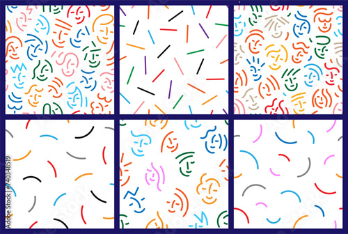 

faces of people abstract lines multicolored seamless backgrounds  , teenagers face features line vector pattern set 