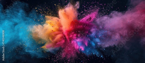 A vibrant burst of multicolored powder explodes against a black background, creating a mesmerizing display of colors.
