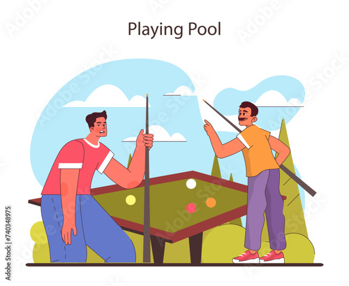 Playing Pool concept. Friends in a friendly match of billiards, focusing on the game.