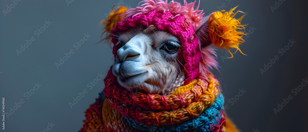A cool and relaxed camel, adorned with colorful sunglasses, takes center stage in a photo studio. Surrounded by vibrant blue and pink lights, they create a laid-back atmosphere, posing stylish profile