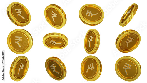 3D rendering of set of abstract golden Indian rupee coins concept in different angles. rupee sign on golden coin isolated on transparent background photo