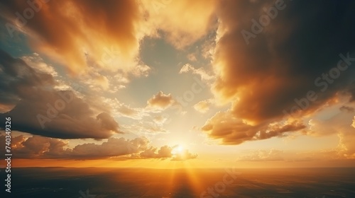 Dramatic sky as the sun sets, casting radiant beams of light through the clouds, Easter background © NoLimitStudio