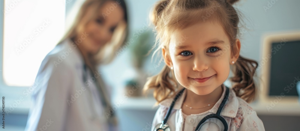 The toddler dressed as a doctor with a stethoscope around her neck is sharing happiness and fun at the event, with a big smile on her face The toddler dressed as a doctor with a stethoscope around her neck is sharing happiness and fun at the event, with a big smile on her face