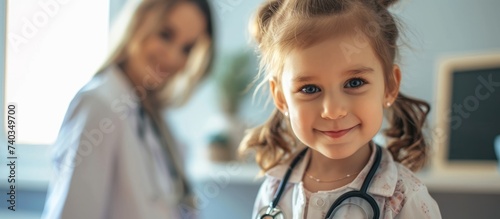 The toddler dressed as a doctor with a stethoscope around her neck is sharing happiness and fun at the event, with a big smile on her face