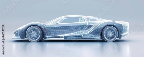 Futuristic 3D wireframe sports car concept on plain background.
