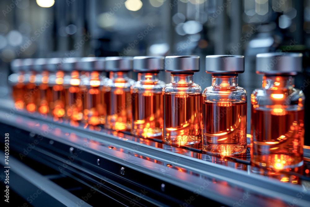 Vaccine bottles produced on an automatic belt conveyor. Concept for pharmaceuticals and manufacturing