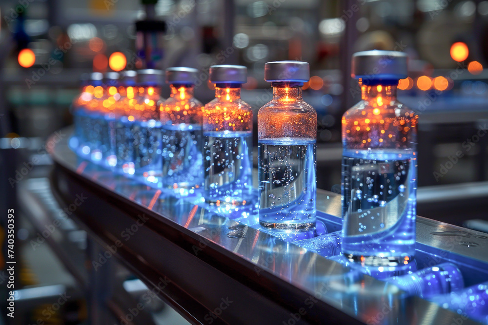 Vaccine bottles produced on an automatic belt conveyor. Concept for pharmaceuticals and manufacturing Vaccine bottles produced on an automatic belt conveyor. Concept for pharmaceuticals and manufacturing