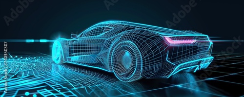 Futuristic 3D wireframe sports car concept on plain background.