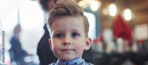 A happy toddler with electric blue eyes is getting his hair cut at the barber shop, smiling and sharing a special moment with the barber