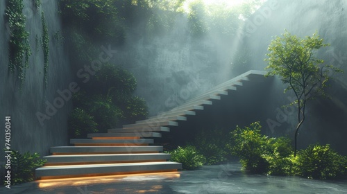 Concrete stairs leading to green treen