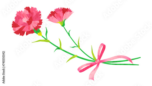 カーネーションの花とリボンの水彩イラスト（ピンク）