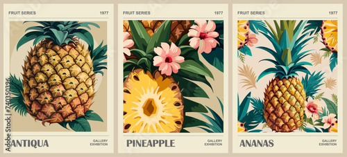 Set of abstract Fruit Market retro posters. Trendy kitchen gallery wall art with Pineapple, Ananas fruits. Modern naive groovy funky interior decorations, paintings. Vector art illustration. photo