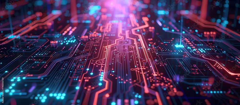 Obraz premium Abstract technology background. motherboard circuit board with glowing lines and dots connected to each other.