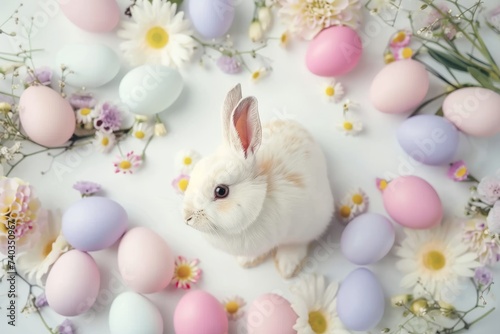Happy Easter Eggs Basket 3d rendering. Bunny hopping in Garden fresh bloom decoration. Adorable hare 3d handmade card rabbit illustration. Holy week easter hunt easter basket card furnishings © Leo