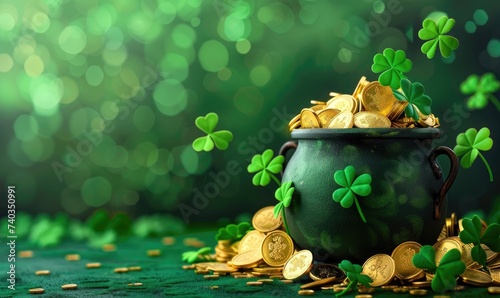 Banner st patricks day with treasure of leprechaun, pot full of golden coins and shamrocks photo