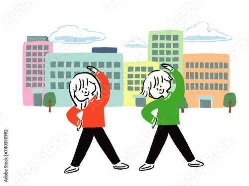 街でラジオ体操をする男女のゆるいシンプルイラストセット