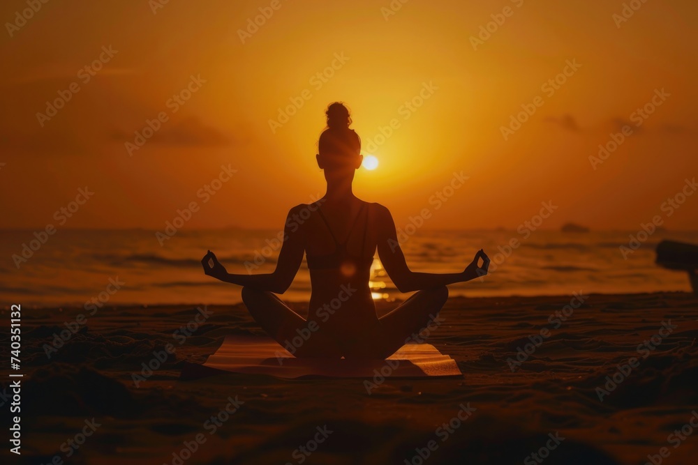 Orange-yellow silhouette of a fit model sitting on a beach mat doing yoga poses. Sunset background