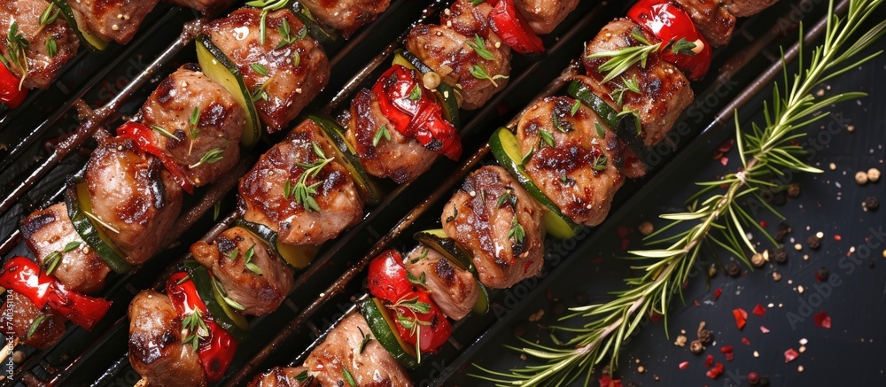 Fototapeta premium An expertly prepared grill featuring delicious skewered meat and vegetables ready for grilling enthusiasts.