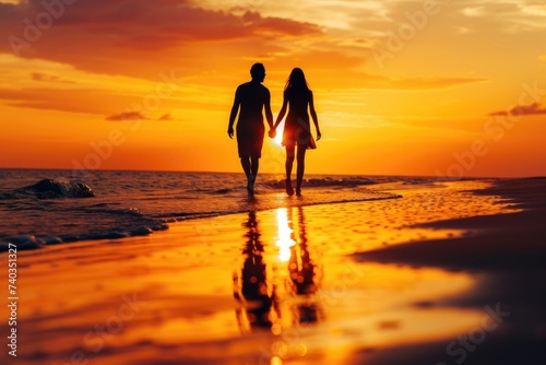 Orange-yellow silhouettes of a couple walking hand in hand along the beach. Sunset background