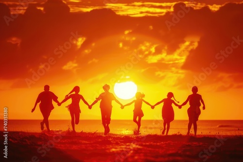 Orange-yellow silhouettes of five people holding hands running together in front of the board. Sunset background