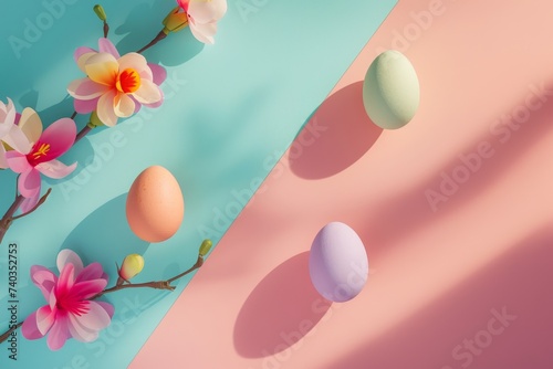 Happy Easter Eggs Basket Turquoise Beach. Bunny hopping in flower easter placemats decoration. Adorable hare 3d eggceptional rabbit illustration. Holy week easter hunt Hand tied bouquet card Tinsel photo