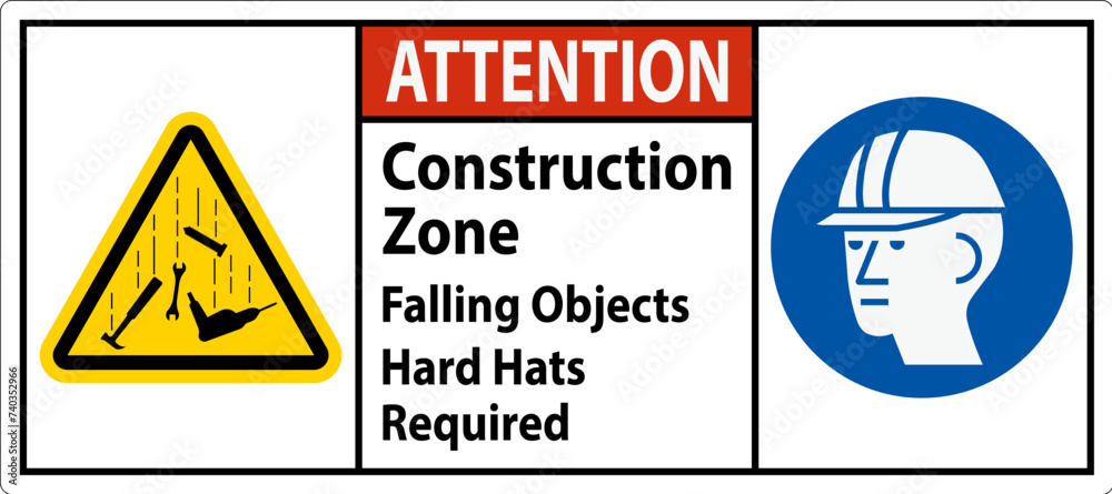 Obraz premium Attention Sign, Construction Zone, Falling Objects Hard Hats Required