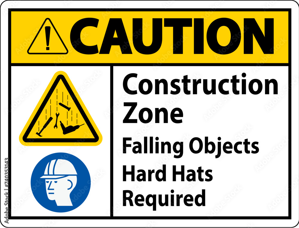 Caution Sign, Construction Zone, Falling Objects Hard Hats Required Caution Sign, Construction Zone, Falling Objects Hard Hats Required