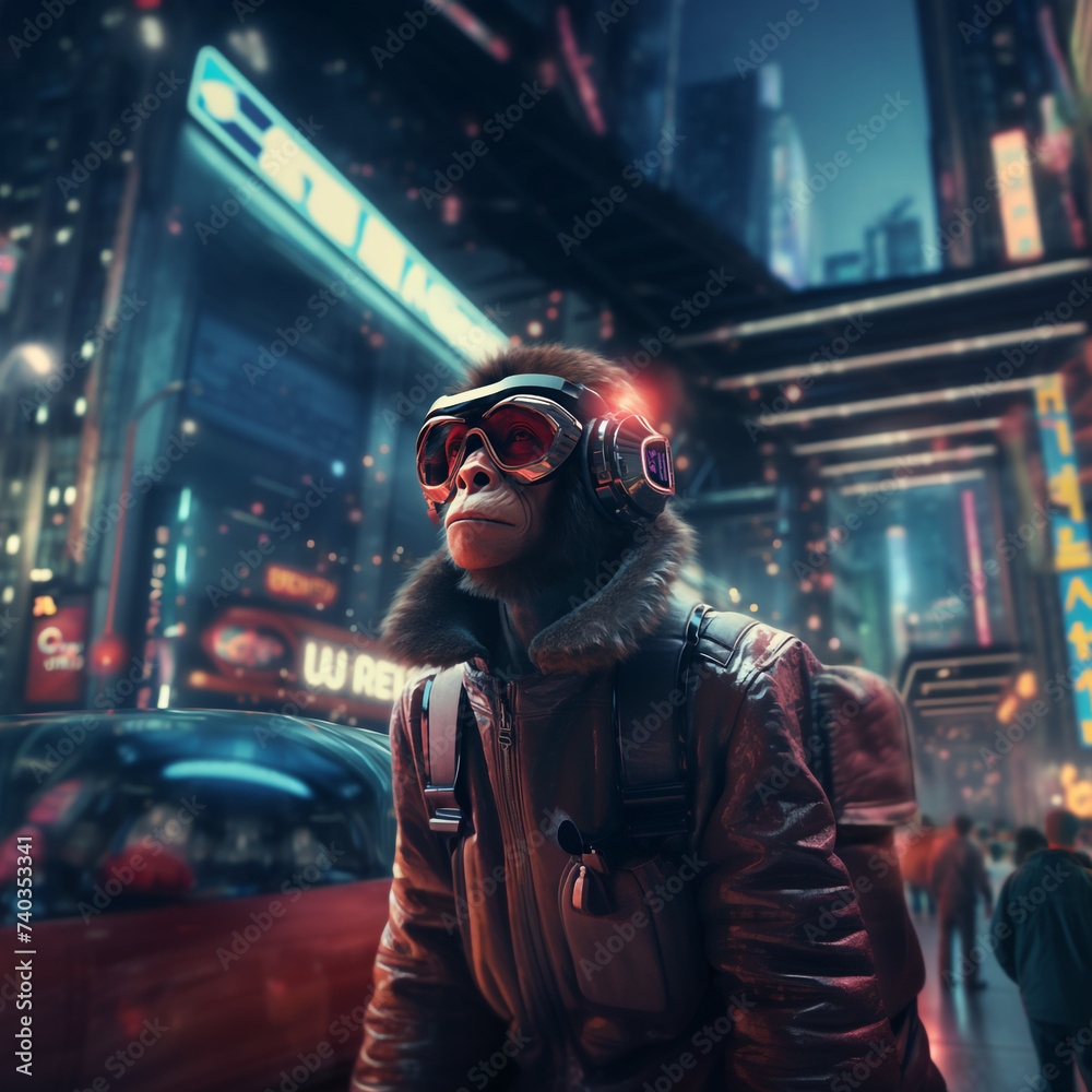 Ape with futuristic glasses in a futuristic city