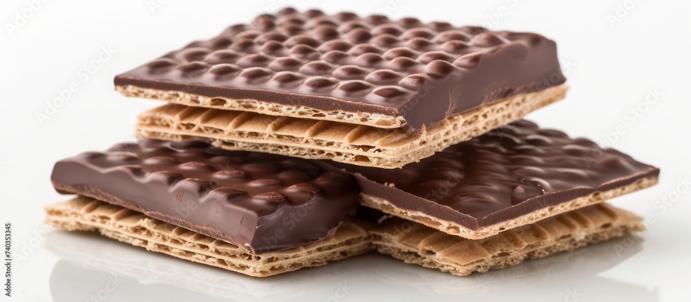 A tempting stack of chocolate covered wafers arranged neatly on a pristine white surface, showcasing a delicious treat perfect for any sweet tooth