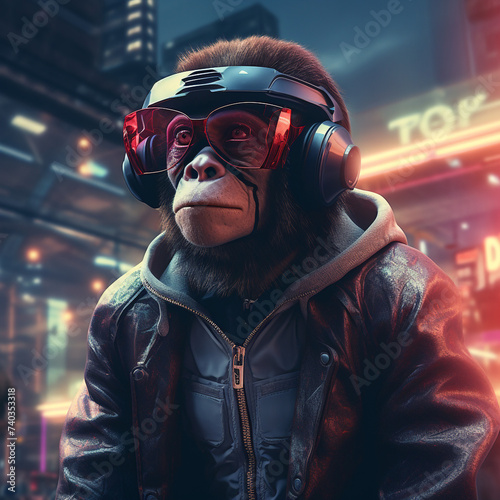 Ape with futuristic glasses in a futuristic city