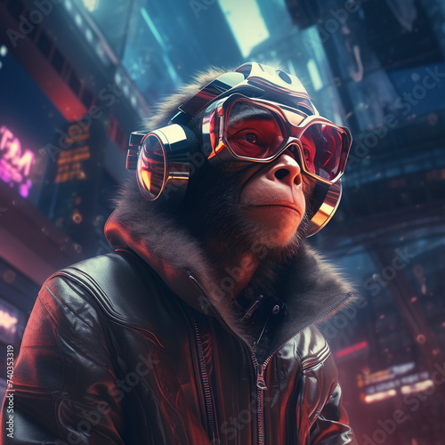 Ape with futuristic glasses in a futuristic city