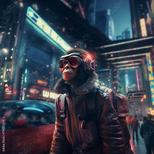 Ape with futuristic glasses in a futuristic city